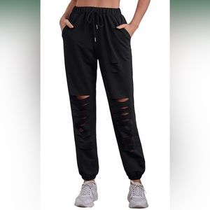 Romwe Women's Ripped Sweatpants Drawstring Waist Athletic Jogger Pants w/ Pocket